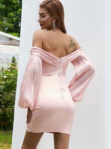 Off Shoulder Lantern Sleeve Bodycon Dress - Baby Pink - View 2
