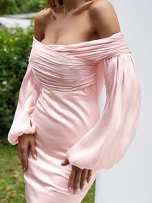Off Shoulder Lantern Sleeve Bodycon Dress - Baby Pink - View 3