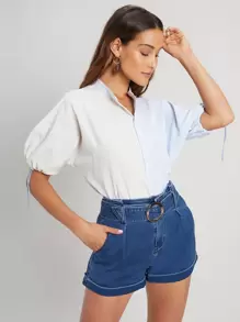 SHEIN Shorts denim con cinturón con aro O - Azul lavado medio - Ver 1