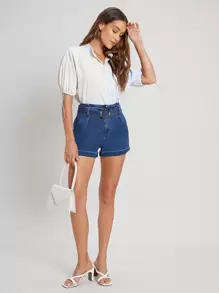 SHEIN Shorts denim con cinturón con aro O - Azul lavado medio - Ver 4