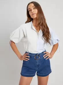 SHEIN Shorts denim con cinturón con aro O - Azul lavado medio - Ver 5