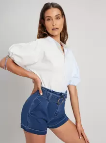SHEIN Shorts denim con cinturón con aro O - Azul lavado medio - Ver 7