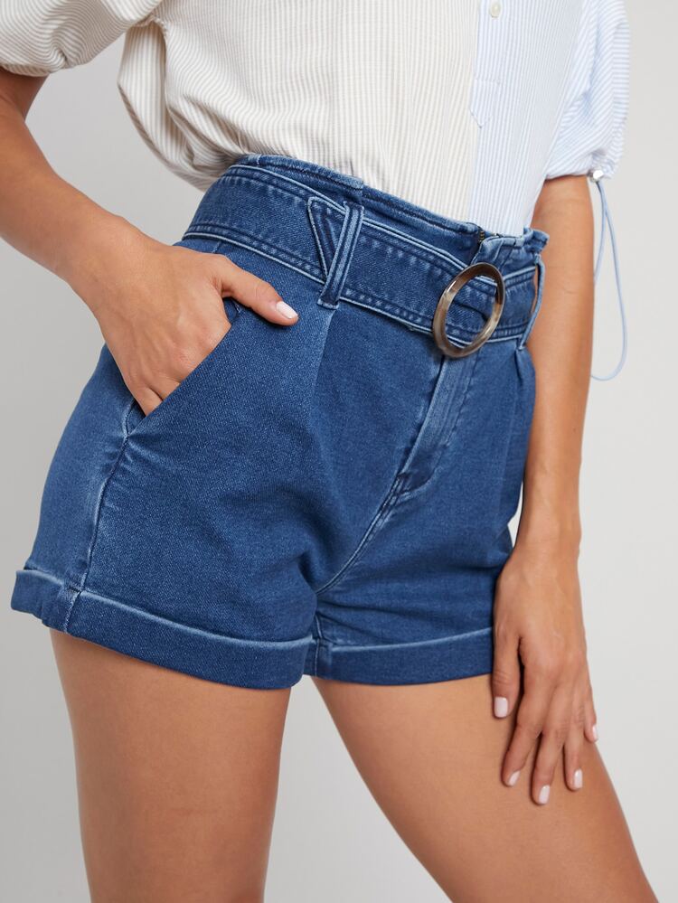 O-ring Belted Denim Shorts
