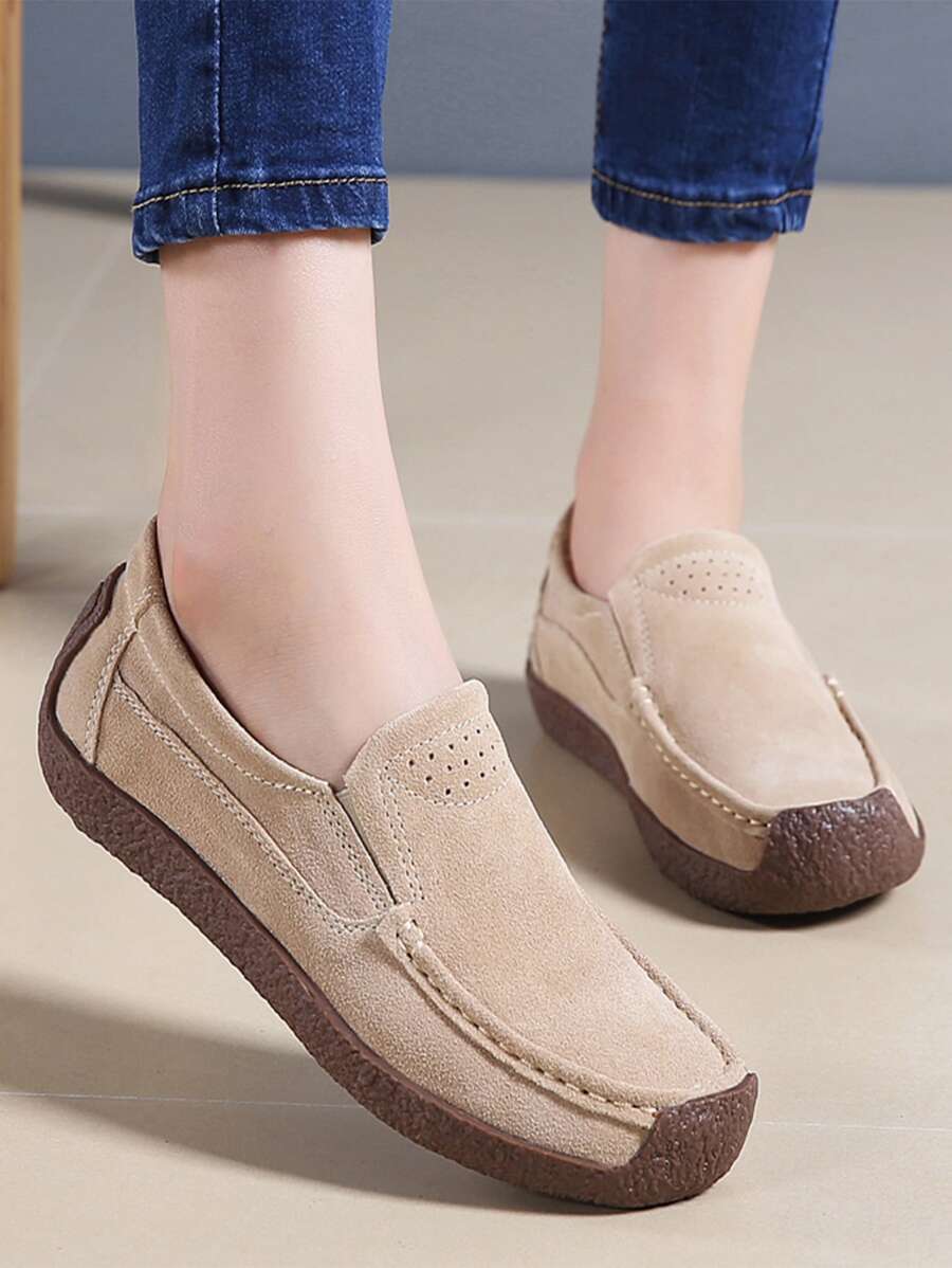 女士多用途、舒適的平底休閒鞋，一腳踏入即可穿脫的行車便鞋，大尺碼平底鞋 - 卡其色 - 查看 1