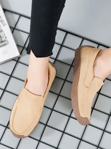 女士多用途、舒適的平底休閒鞋，一腳踏入即可穿脫的行車便鞋，大尺碼平底鞋 - 卡其色 - 查看 3