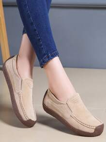 女士多用途、舒適的平底休閒鞋，一腳踏入即可穿脫的行車便鞋，大尺碼平底鞋 - 卡其色 - 查看 2