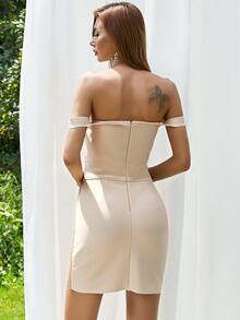 Đầm Tương phản Mesh Dây kéo màu trơn Hấp dẫn - Màu be - Xem 2