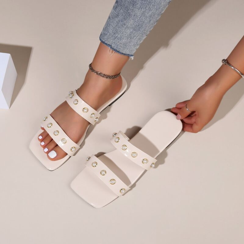 

Faux Pearl Decor Slide Sandals, Beige