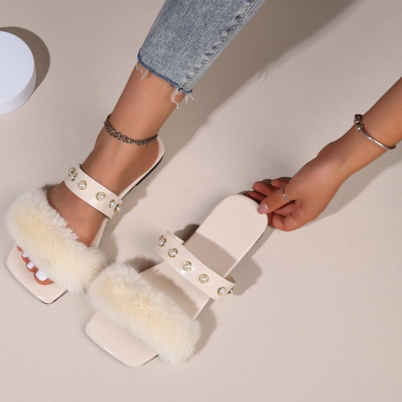 

Faux Pearl Decor Slide Sandals, Beige