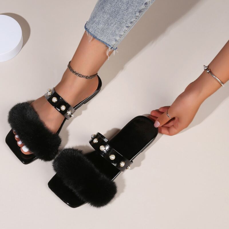 

Faux Pearl Decor Slide Sandals, Black
