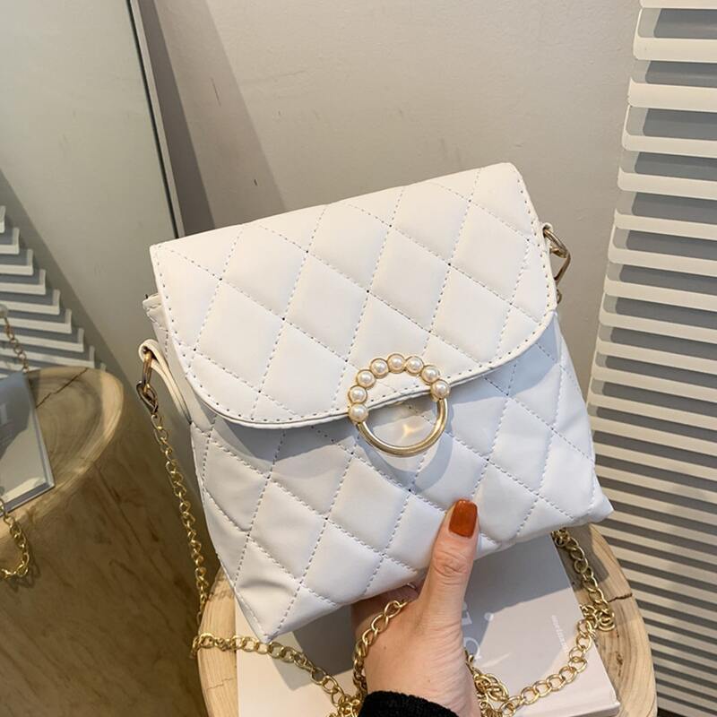 

Faux Pearl Decor Quilted Crossbody Bag, White
