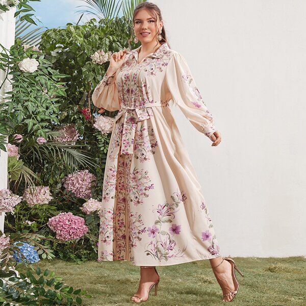 

Plus Floral Print Self Belted Dress, Apricot