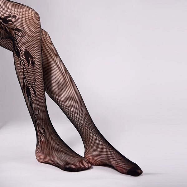 

Flower Pattern Fishnet Tights, Black