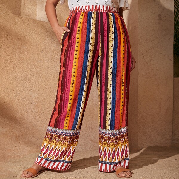 

Plus Geo & Block Stripe Print Wide Leg Pants, Multicolor