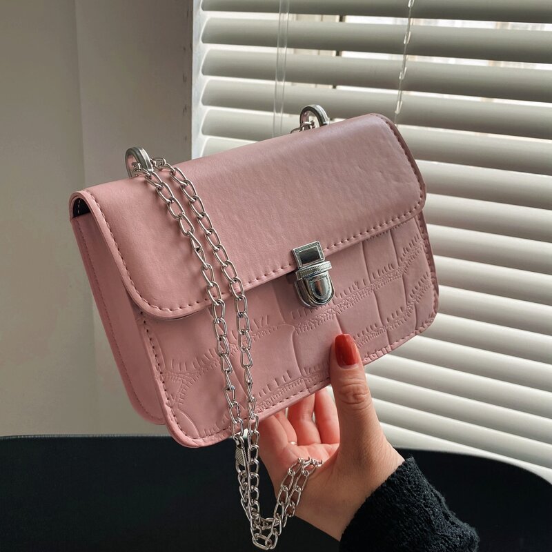 

Croc Embossed Push Lock Chain Bag, Pink