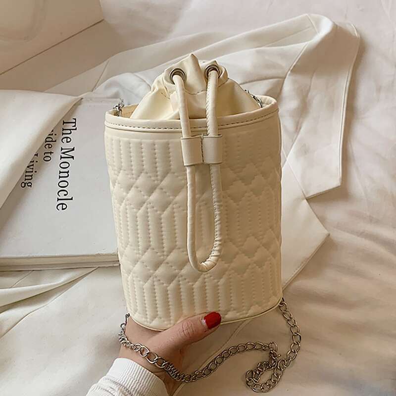 

Drawstring Chain Bucket Bag, Beige