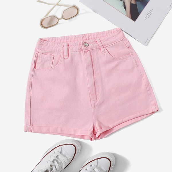 

Roll Hem Slant Pocket Denim Shorts, Pink
