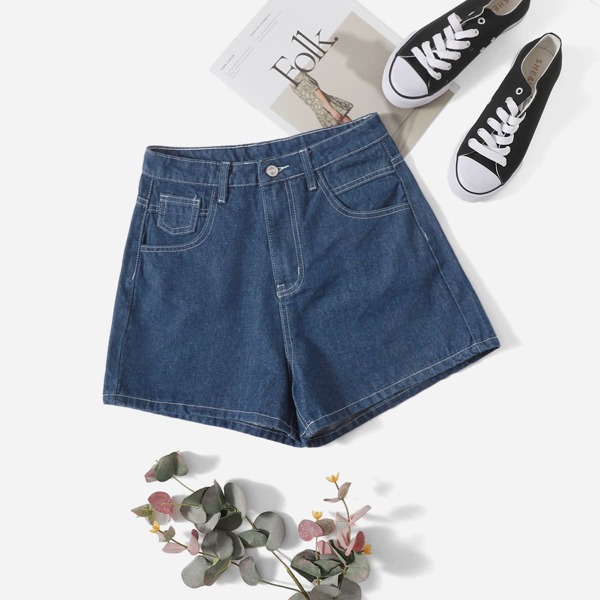 

High Waist Stitch Trim Denim Shorts, Dark wash