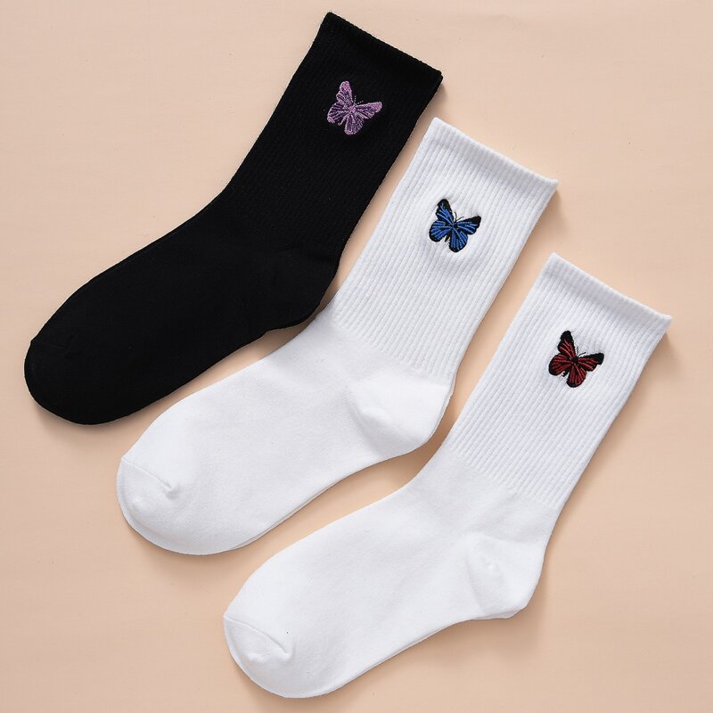 

3pairs Animal Embroidery Crew Socks, Black and white