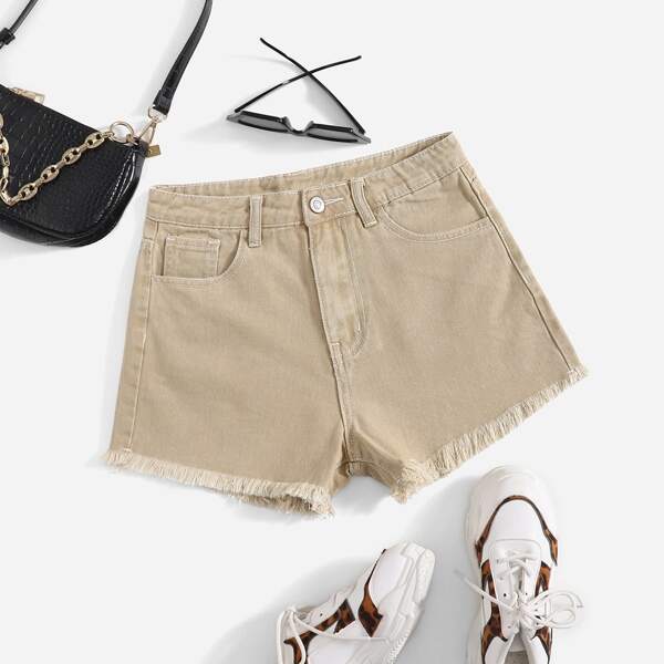 

High Waist Raw Hem Denim Shorts, Khaki