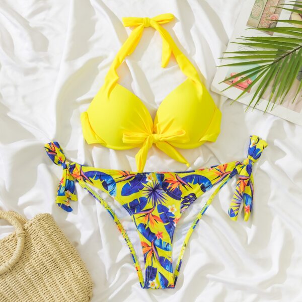 

Tropical Push Up Tie Side Bikini Swimsuit, Multicolor