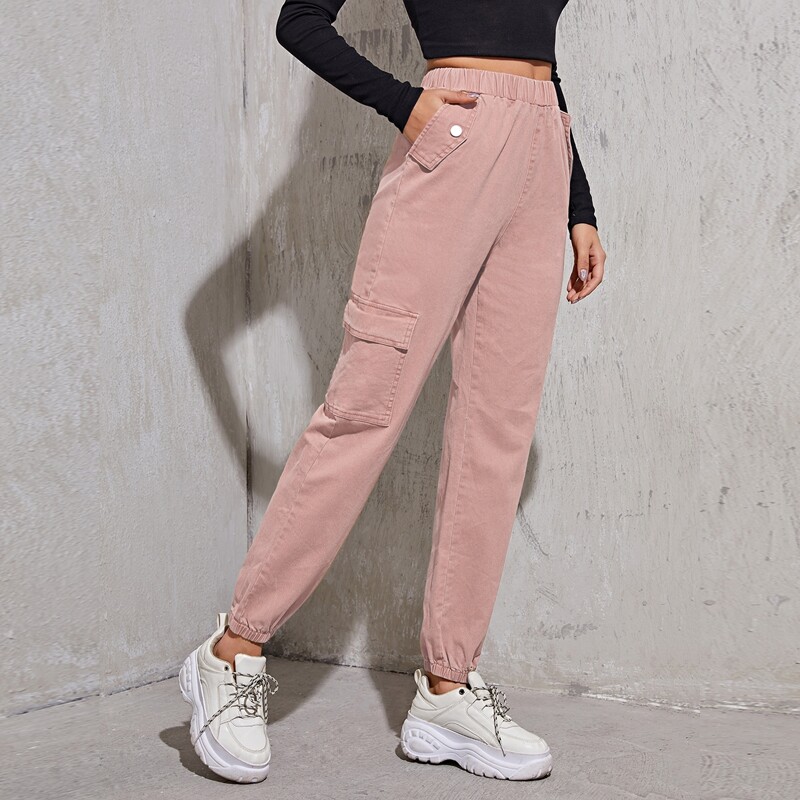 

Flap Pocket Solid Cargo Jeans, Pink