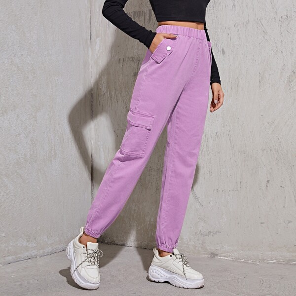 

Flap Pocket Solid Cargo Jeans, Purple