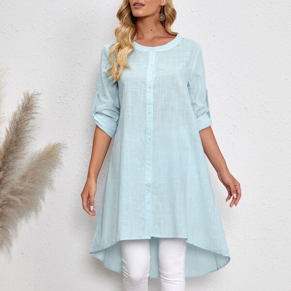 

Roll Up Sleeve High Low Blouse, Baby blue