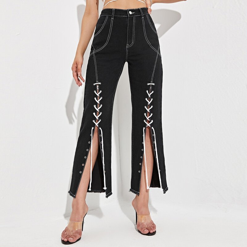 

Lace Up Flare Leg Jeans, Black