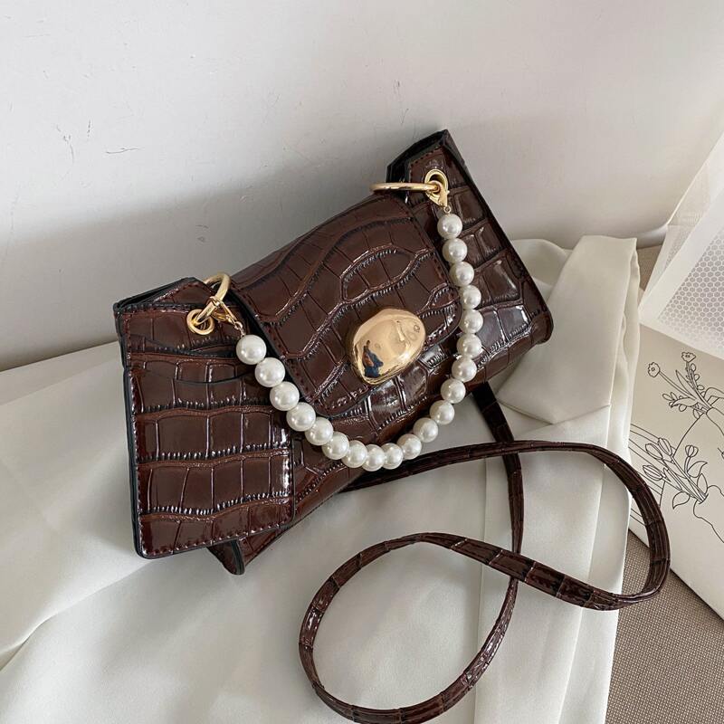 

Croc Embossed Satchel Bag With Purse, Coffee brown