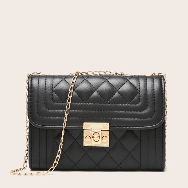 

Twist Lock Quilted Chain Shoulder Bag, Black