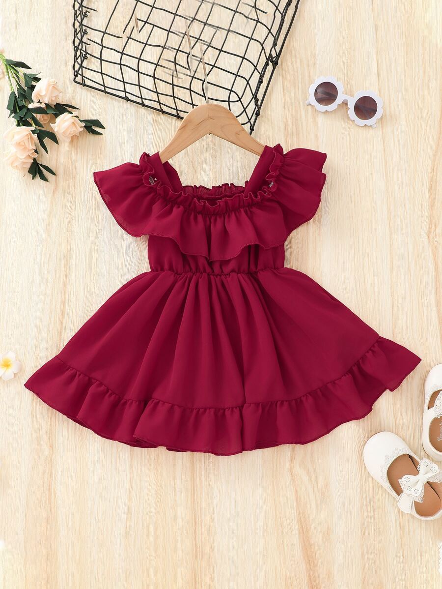 Bebé 1 pieza Vestido de hombros descubiertos ribete con fruncido - Burdeos - Ver 1