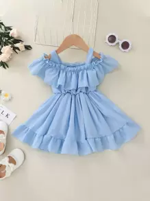 Vestido ribete con fruncido de hombros descubiertos - Celeste - Ver 1