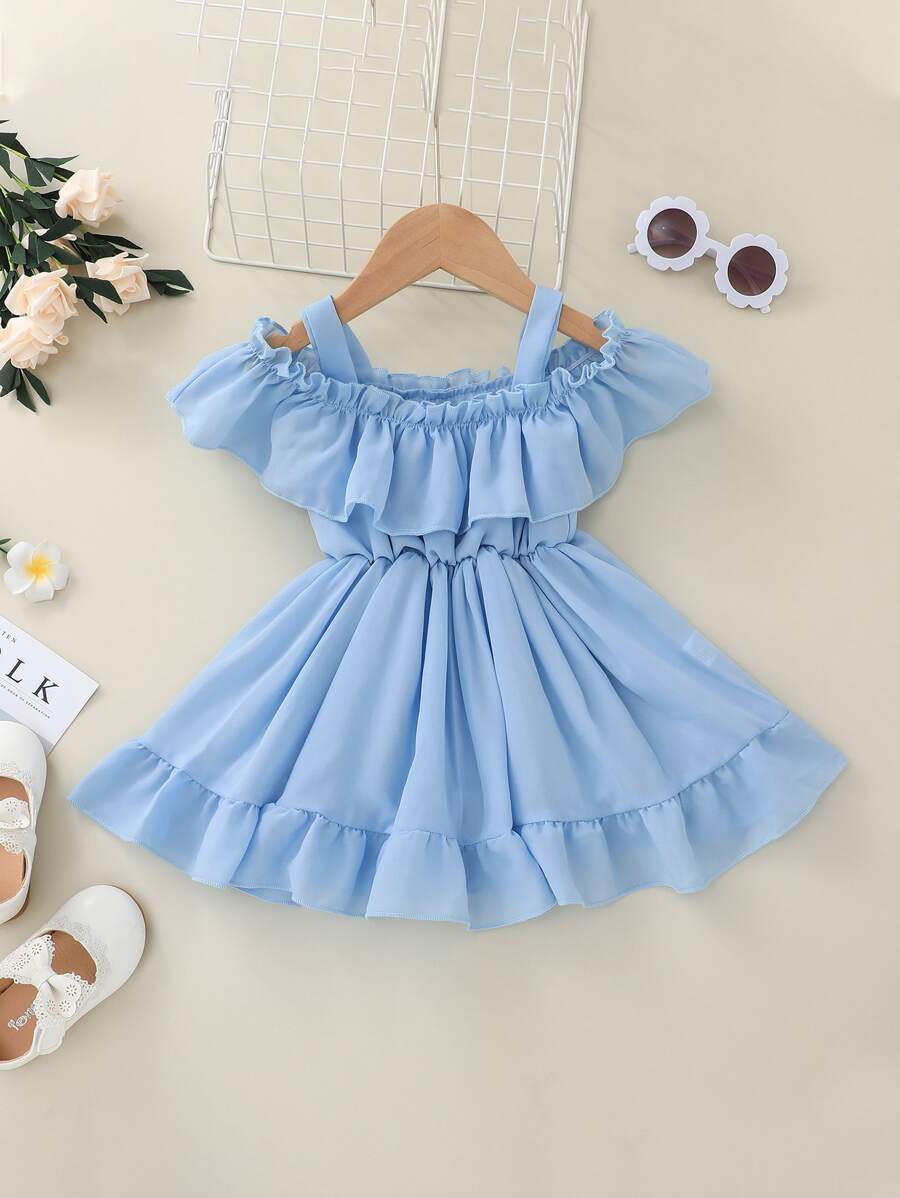 Vestido ribete con fruncido de hombros descubiertos - Celeste - Ver 1
