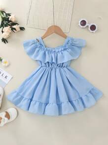 Vestido ribete con fruncido de hombros descubiertos - Celeste - Ver 2