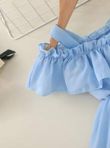 Vestido ribete con fruncido de hombros descubiertos - Celeste - Ver 3