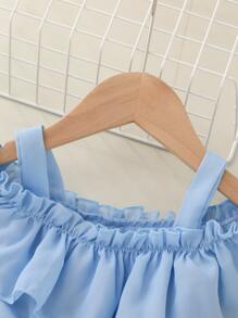Vestido ribete con fruncido de hombros descubiertos - Celeste - Ver 4