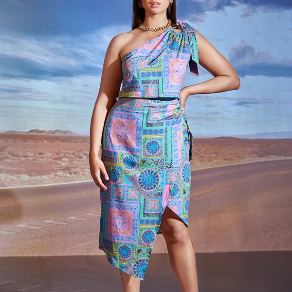 

Plus Scarf Print One Shoulder Top & Asymmetrical Skirt Set, Multicolor
