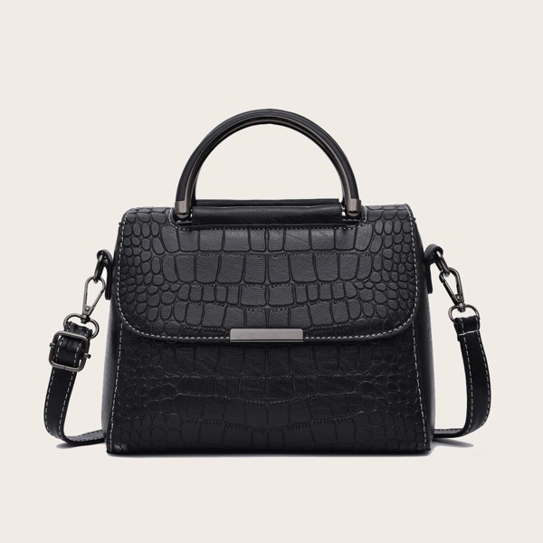 

Croc Embossed Flap Satchel Bag, Black