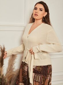 SHEIN Frenchy Plus Button Front Self Belted Cardigan - Apricot - View 1