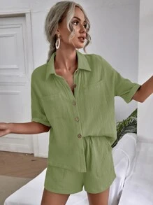 SHEIN Unity Drop Shoulder Dual Pocket Shirt & Shorts - Green - View 1