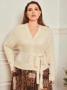 SHEIN Frenchy Plus Button Front Self Belted Cardigan - Apricot - View 3