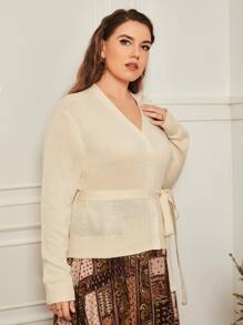 SHEIN Frenchy Plus Button Front Self Belted Cardigan - Apricot - View 2