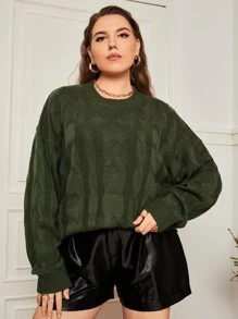 SHEIN 大碼麻花編織落肩袖套頭毛衣 - 綠色 - 查看 2