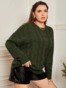 SHEIN 大碼麻花編織落肩袖套頭毛衣 - 綠色 - 查看 4