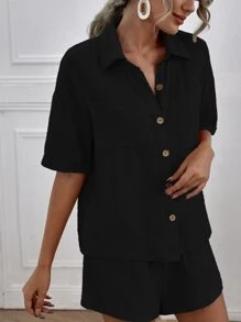 Chiquease Drop Shoulder Dual Pocket Shirt & Shorts - Black - View 3