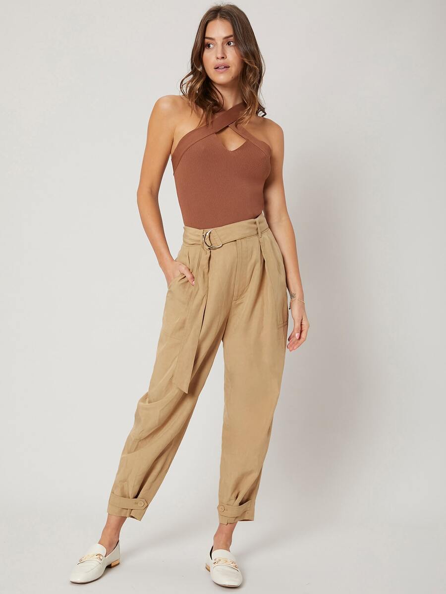 SHEIN Pantalones cónicos recortados de lino - Caqui - Ver 1