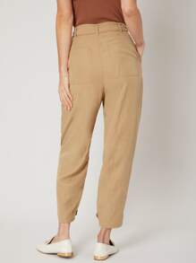 SHEIN LINEN CROPPED TAPERED TROUSERS - Khaki - View 2