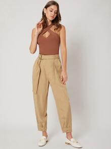 SHEIN LINEN CROPPED TAPERED TROUSERS - Khaki - View 4
