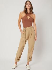 SHEIN LINEN CROPPED TAPERED TROUSERS - Khaki - View 5